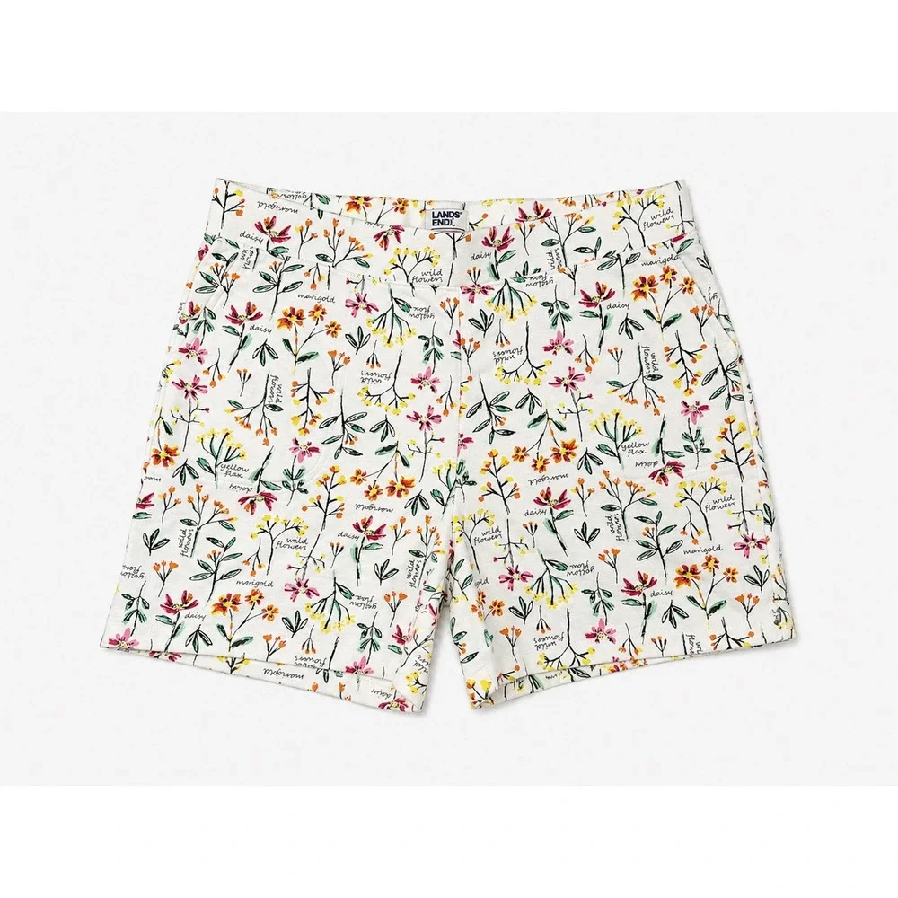 Lands End Serious Sweats Wildflower Print Shorts XL 18 White Floral Cotton Blend